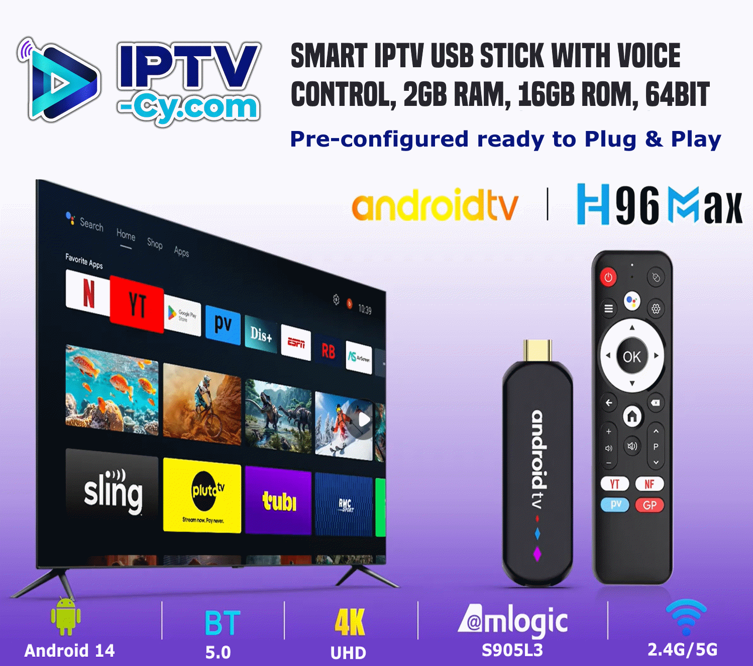 (Configured) Android 14 H96 MAX Smart IPTV USB Stick with Voice Control (4K, BT 5.0, Dual Wifi Quad-Core, 2GB RAM, 16GB ROM, 64BIT)